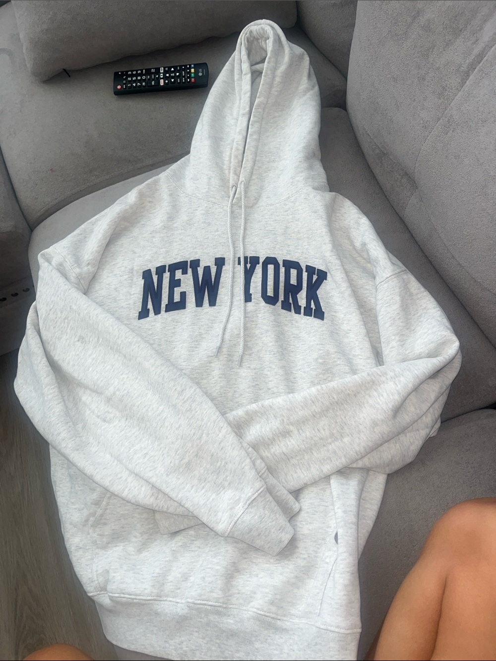 Brandy Melville Light Gray Hoodie with Navy "NEW YORK" Chest Print